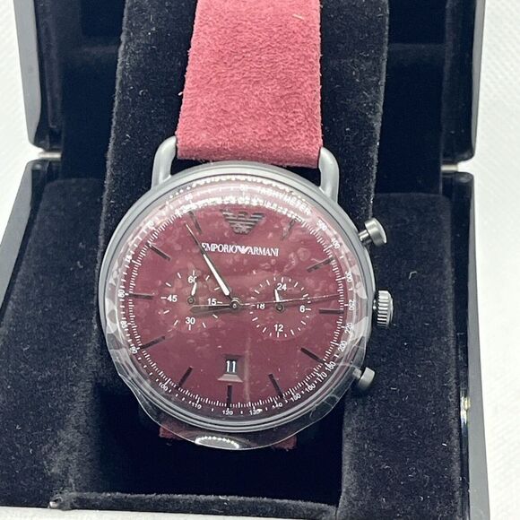 Emperio Armani AR11265 Men Burgundy Leather Analog Dial Quartz Wrist Watch JMB30 - Picture 2 of 12